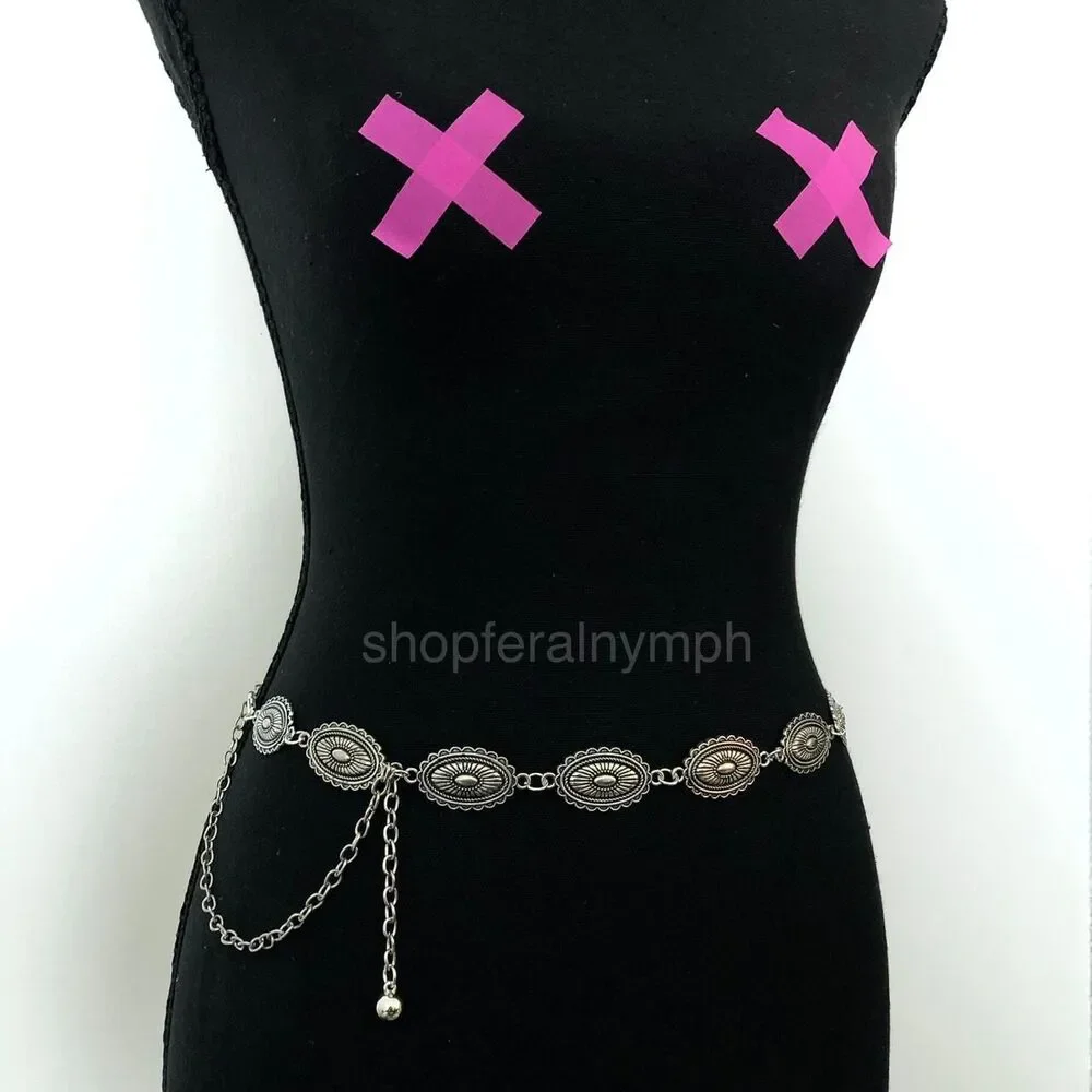Vintage Y2K Western Silver Concho Chain Belt, Fits 16–39.5 Inches, X7GA1222